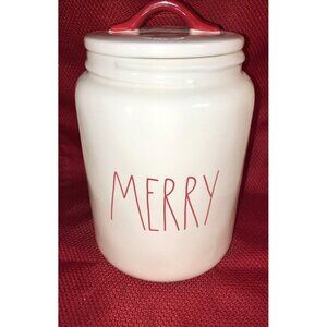 RAE DUNN Large Red Letters “MERRY” Canister with Red Lid Handle